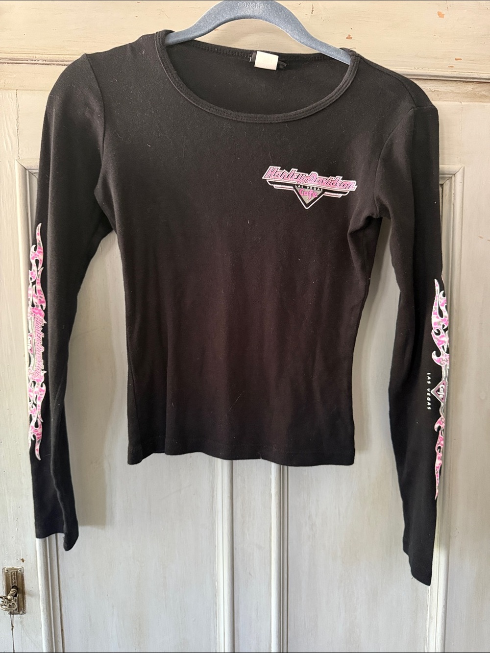 Harley-Davidson Black Long Sleeve Tee with Pink Flame Sleeves